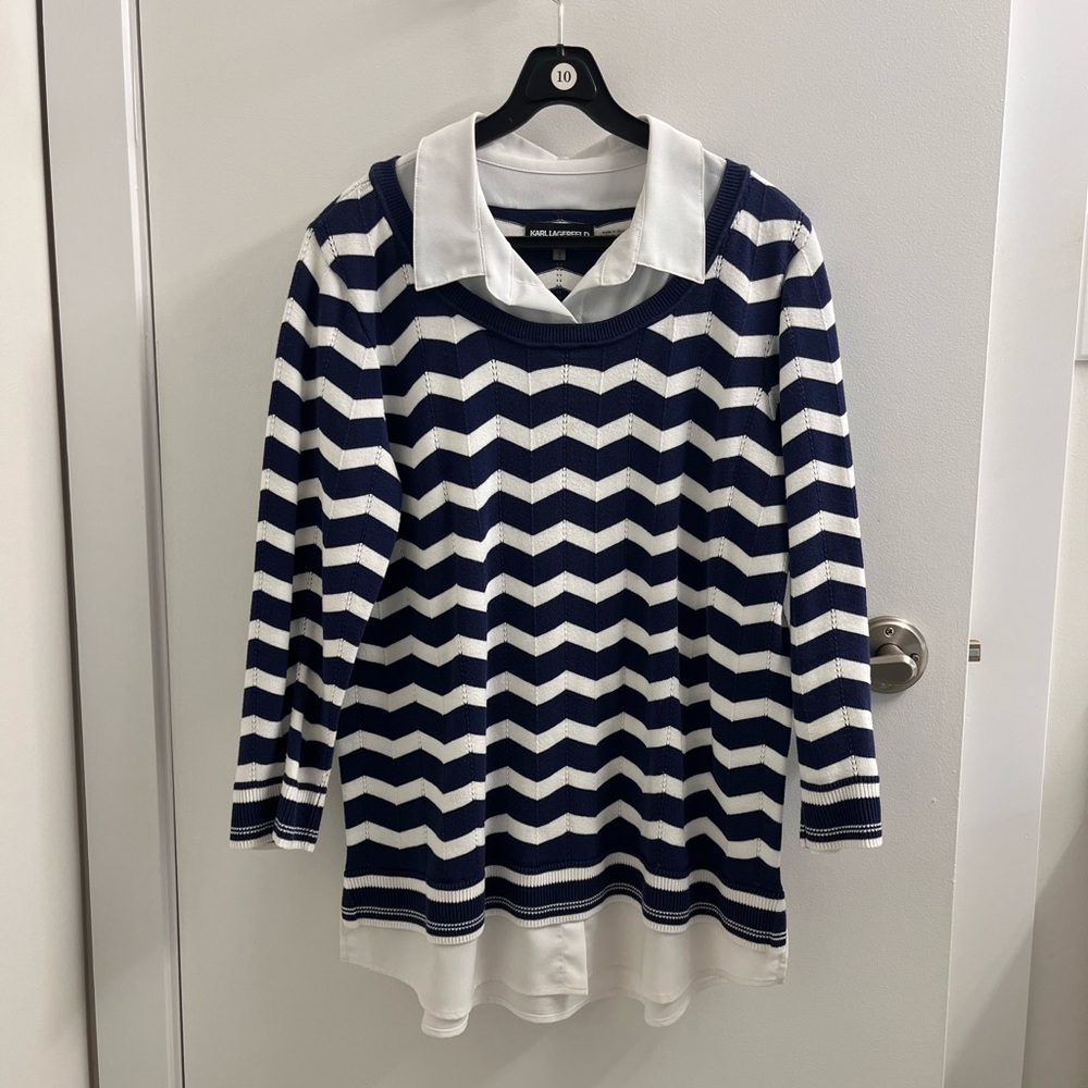 Karl Lagerfeld Navy and White Chevron Sweater